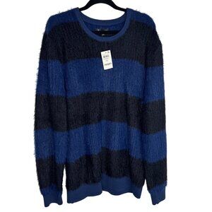 INC Women's Striped Blue Black Horizontal Striped Fuzzy Sweater Size XXL